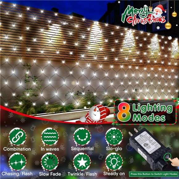 Christmas Net Lights, 280 LED Mesh Lights 9.8FT x 6.6FT 8 Modes Waterproof - Picture 4 of 7